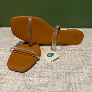 Women’s bridesmaids size 9.5 sandals tan with clear straps. a new day brand.